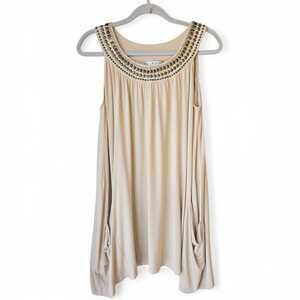 Cabi Women's Beaded Tunic Top Size M Beige Pockets Egypt Asymmetrical Boho